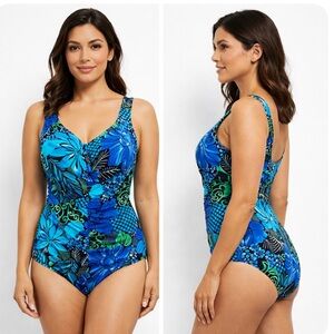 Maxine Of Hollywood Spa  Swimsuit Ruched‎ Tummy Control Women's Size 8 Blue NWT